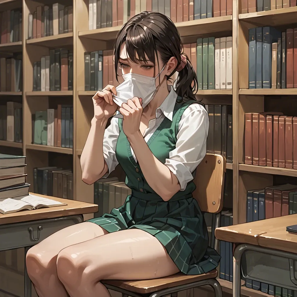 Quiet girl, student, masturbation, cover mouth with head, library