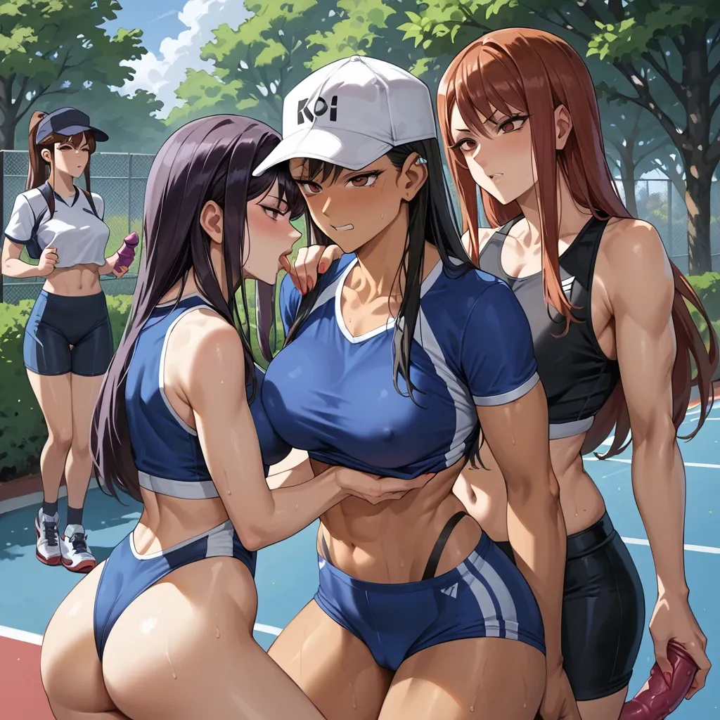 Hayase Nagatoro , kugisaki nobara, Erza Scarlet, Komi shouko , 4 girls, bushes in the park, form-fitting sports uniform , cap, sports top,sex, blow job