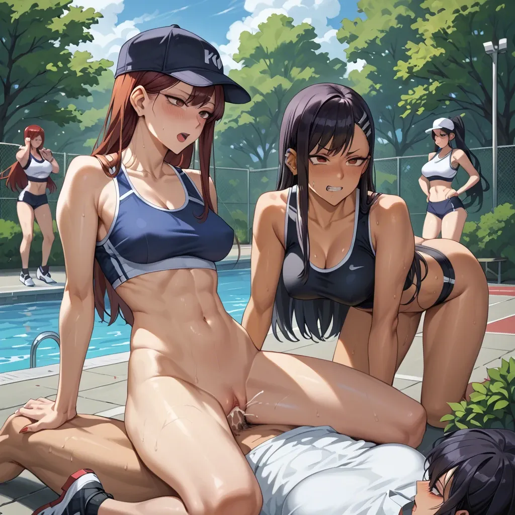 Hayase Nagatoro , kugisaki nobara, Erza Scarlet, Komi shouko , 4 girls, bushes in the park, form-fitting sports uniform , cap, sports top,sex, group