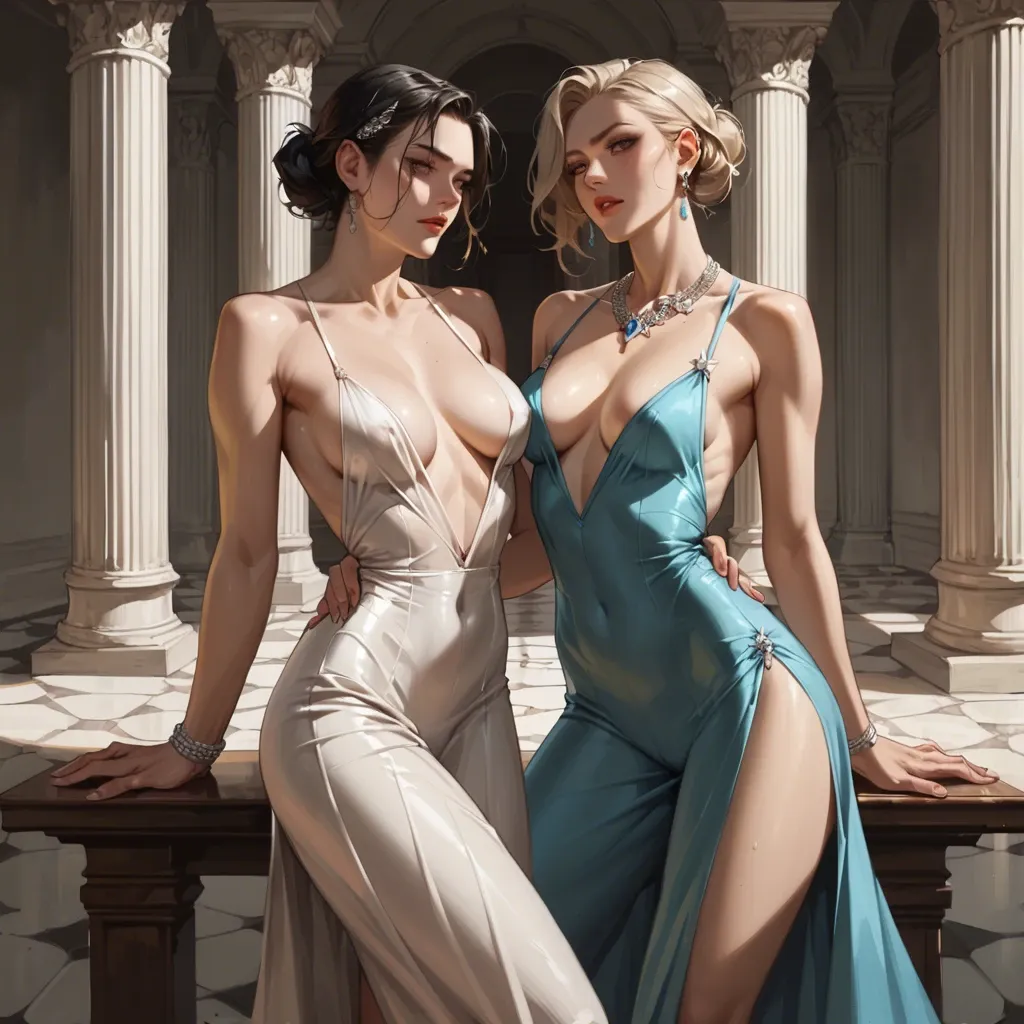 Two skinny girls in evening dresses