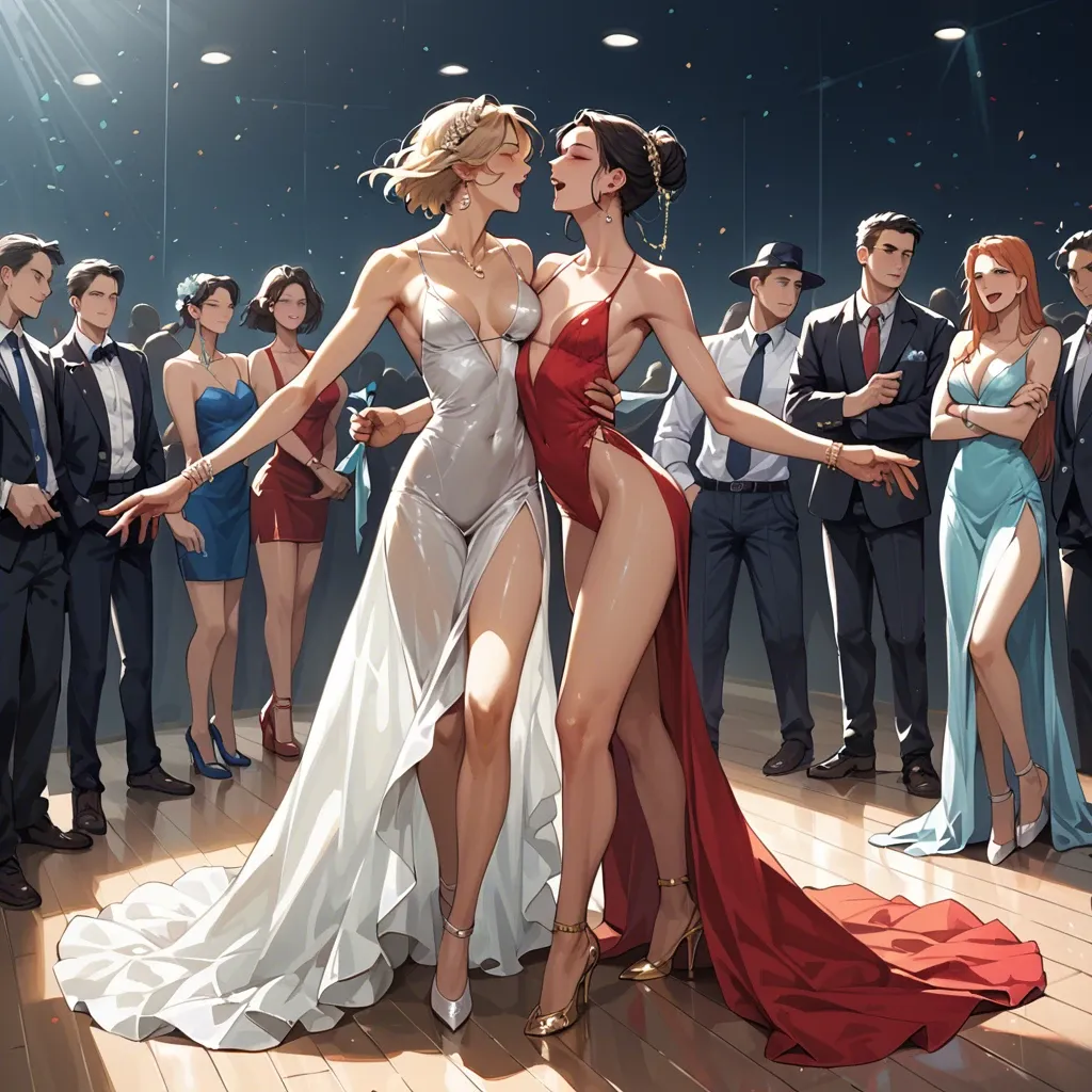 Two skinny girls in evening dresses at a party, dancing