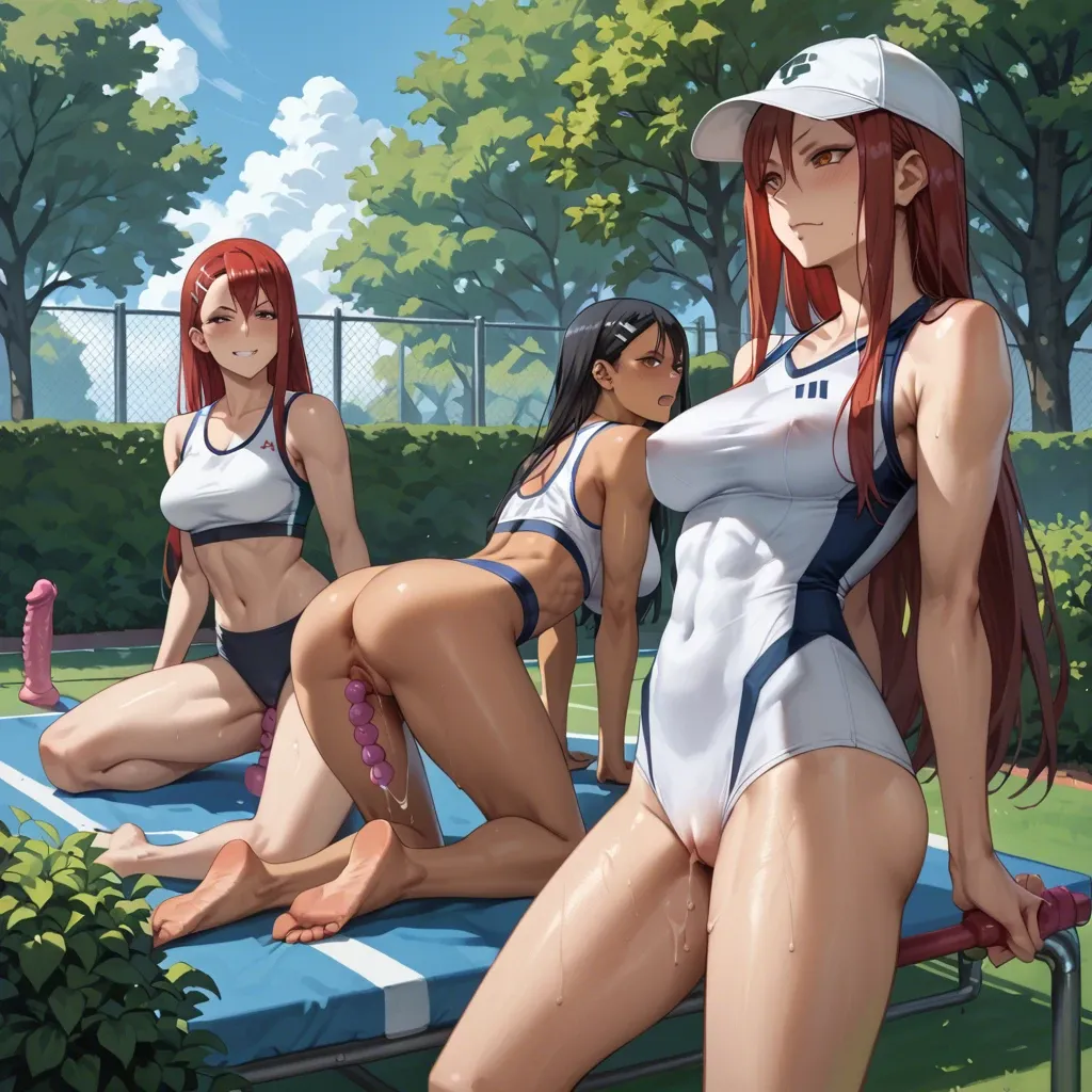 Hayase Nagatoro , kugisaki nobara, Erza Scarlet, 3 girls, bushes in the park, form-fitting sports uniform , cap, gray stripes, black hair , red hair, bob haircut, long hair, sports top, sex toys, two lesbians,licking breastse