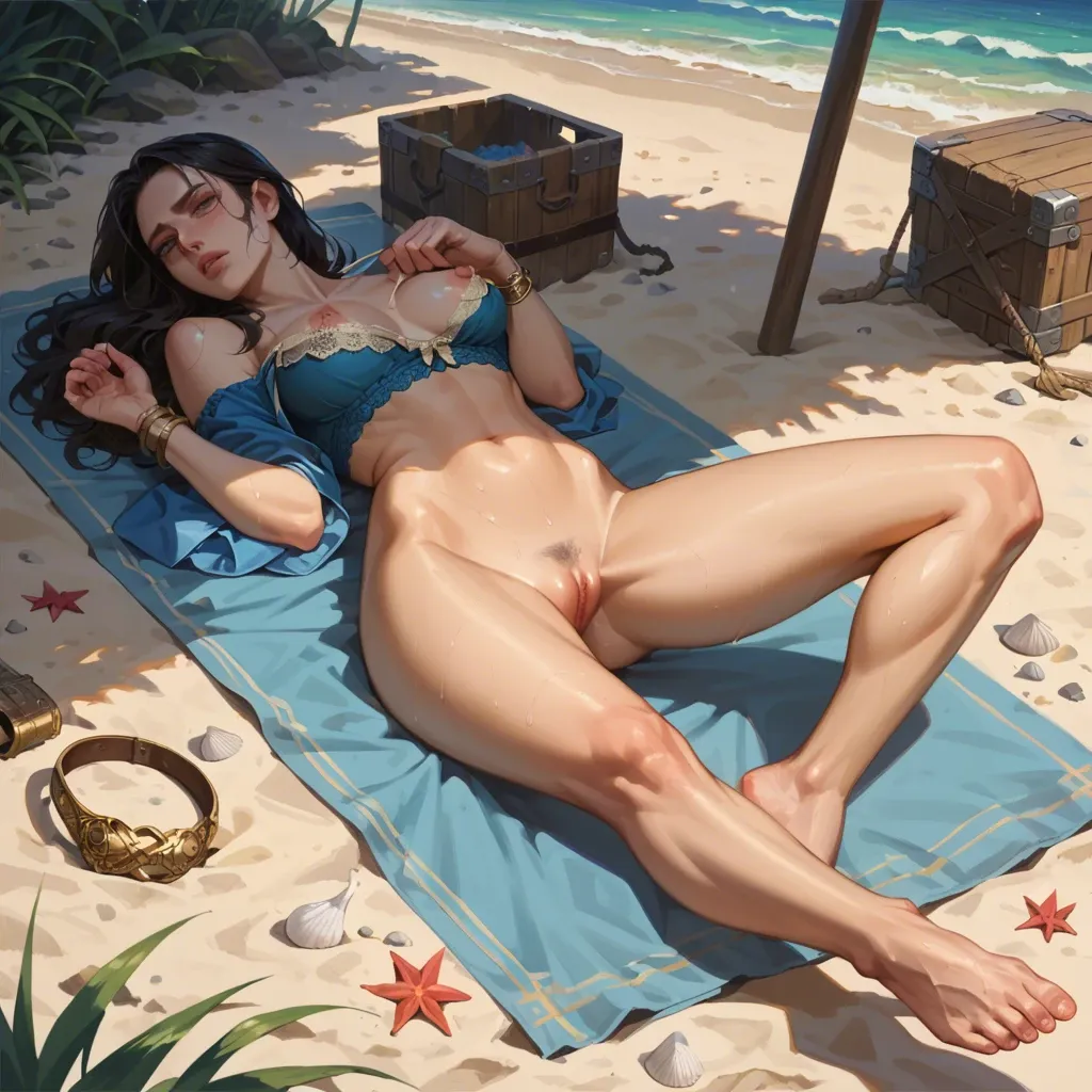 1girl,solo, , , , pinching,negative hand,lips on nipple,backlit,bare shoulder, blue shirt,lace trim,gold bracelets,loose bra,no shoes, bedroom eyes, lying on beach, medieval, bedroom, ultra-detailed, dark, princess zelda, johanna, dynamic view