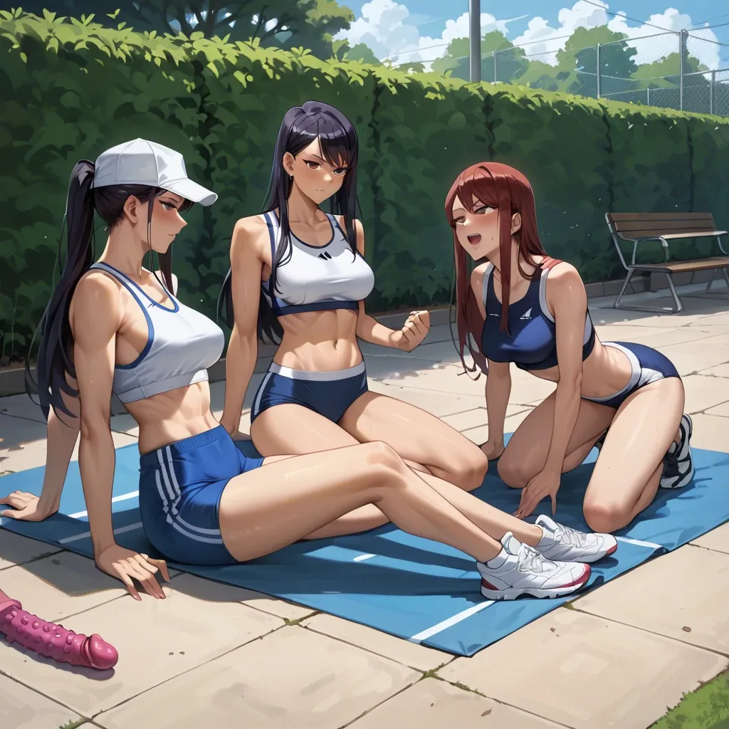 Hayase Nagatoro , kugisaki nobara, Erza Scarlet, Komi shouko , 4 girls, bushes in the park, form-fitting sports uniform , cap, sports top, dildo, yuri,