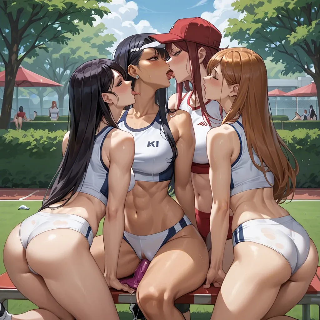 Hayase Nagatoro , kugisaki nobara, Erza Scarlet, Komi shouko , 4 girls, bushes in the park, form-fitting sports uniform , cap, sports top, dildo, yuri, lesbians sex, kiss