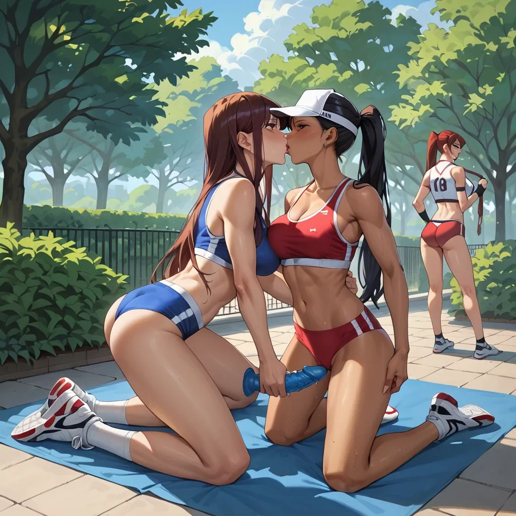 Hayase Nagatoro , kugisaki nobara, Erza Scarlet, Komi shouko , 4 girls, bushes in the park, form-fitting sports uniform , cap, sports top, dildo, yuri, l