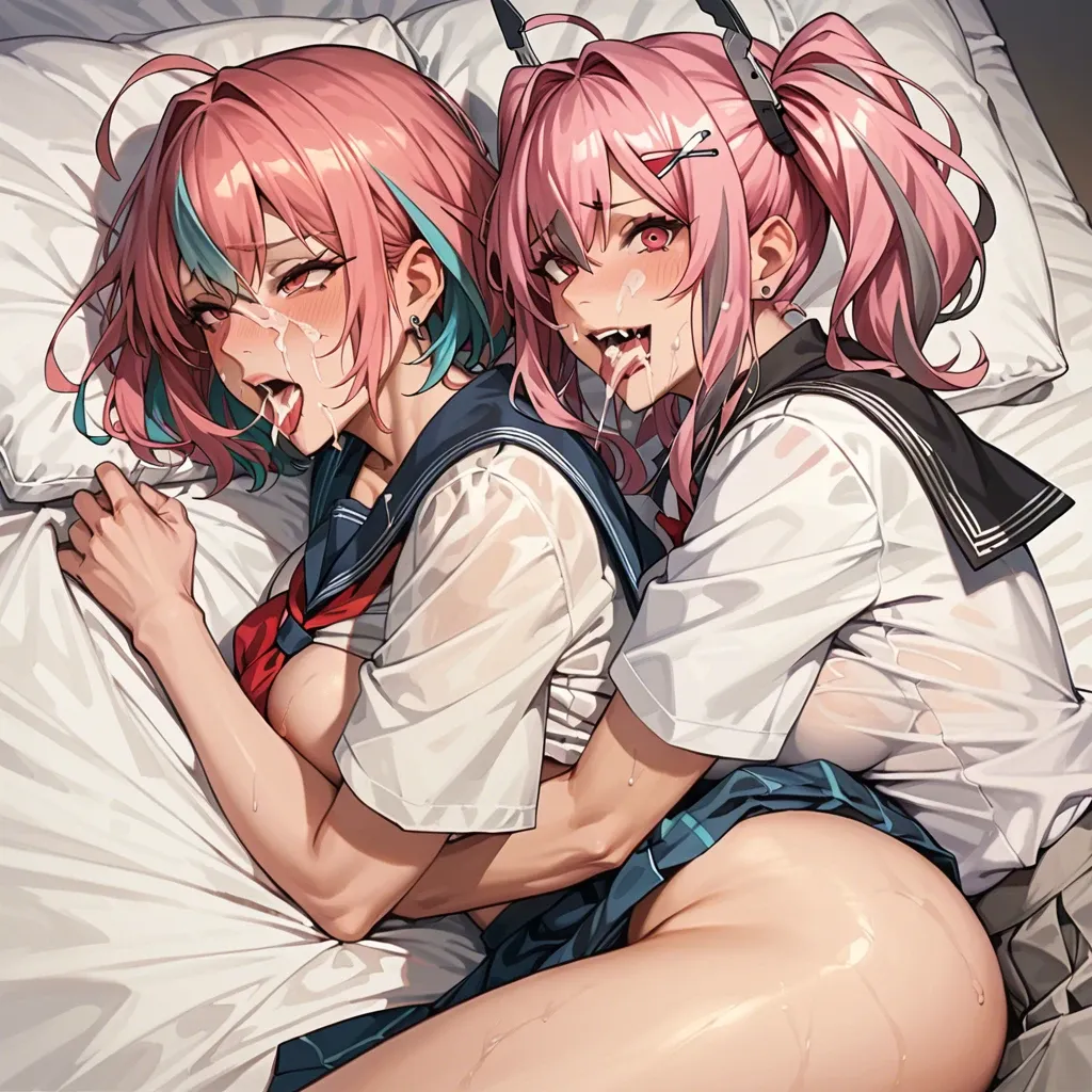 2 girls, Bremerton Azur Lane and Yumemi Riamu,big tits and ass, laying on bed,ahegao face,smilling,cum on face and tits,hugging,cum in mouth, school uniform