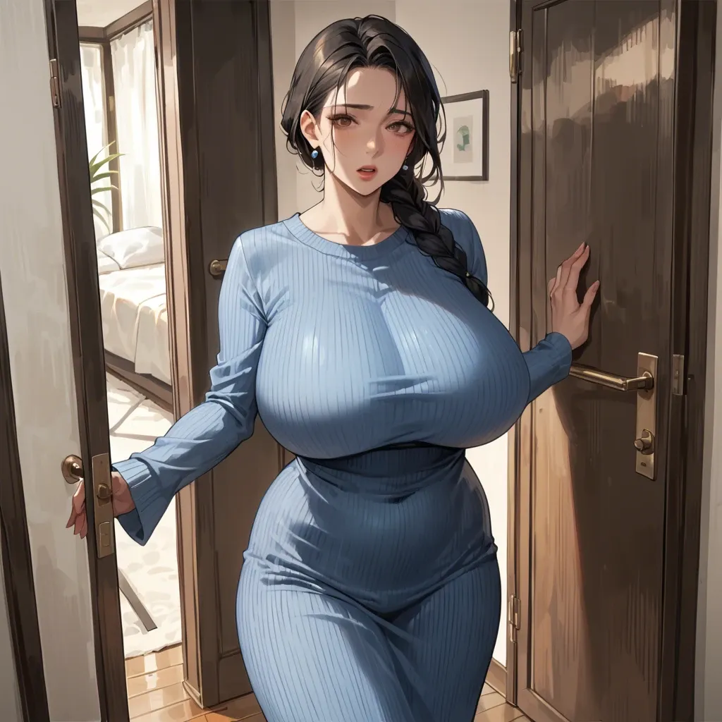 Japanese Milf, braid, black hair, brown eyes, massive breasts, plump, slim waist, blue sweater, black long dress, by the door