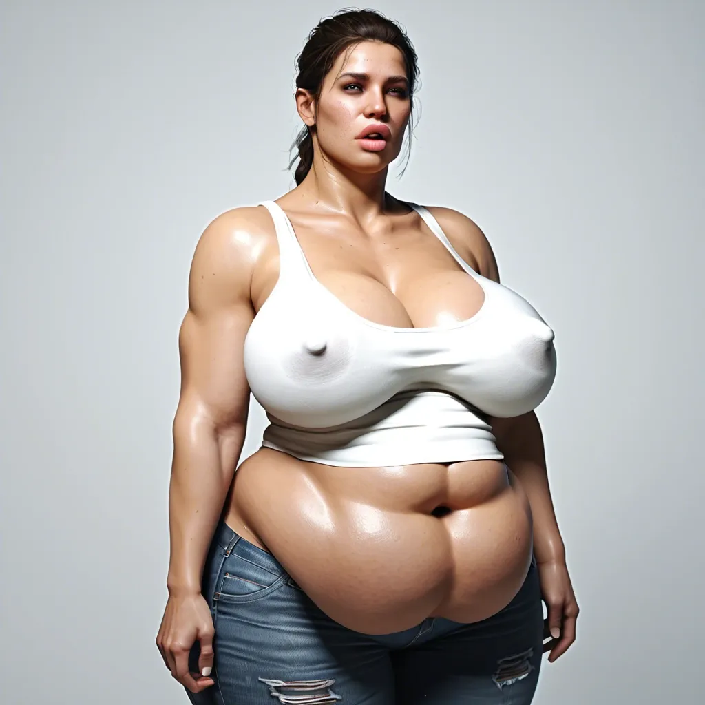 3d, solo female, alyx vance half-life 2, hyper lips, gigantic lips, cleavage, white tank top, skinny jeans, covered dark nipples, obese, fat rolls, fat stomach