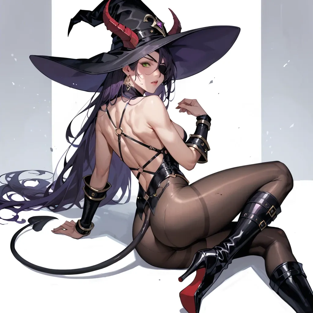 1girl, purple long hair, black right eye patch, green eye, red horns, demon tail, a meager amount of metal armor, black leather leggings, boots on heels, witch hat, lots of bare skin, bare back, sexy fit ass, on knees, with dog collar, fucked by 2black men, ass fuck, mouth fuck