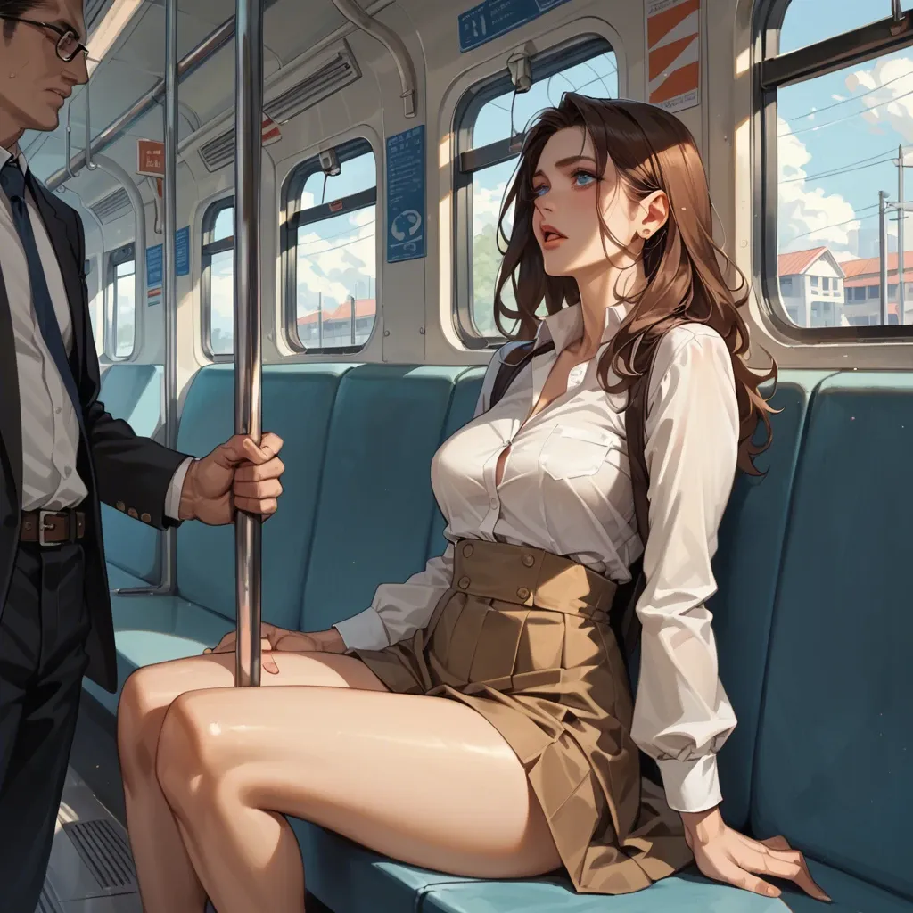 A beautiful girl with brown hair and blue eyes. She's on her knees looking up at a man. She's on a train