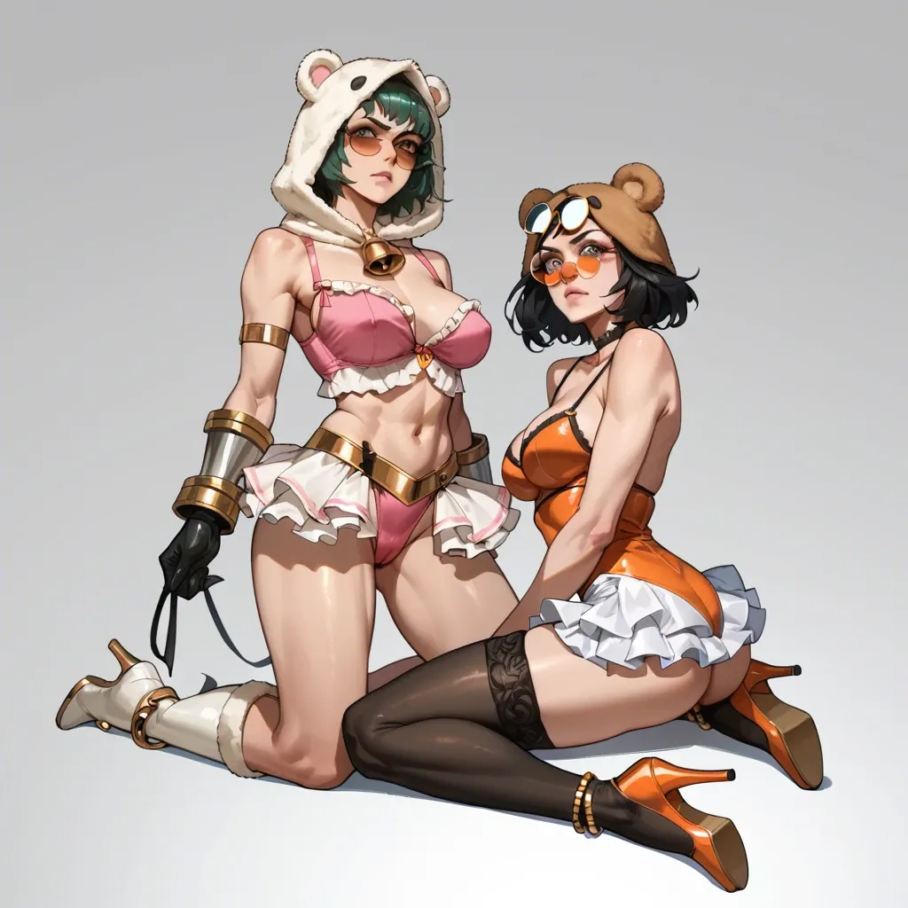 2girl, , , , bright eyes,armored,areolas,black fabric,tanya, bear costume,black stockings,round glasses,orange leotard,white boots, pink crop top,gold anklets,sunglasses,lingerie,heels, white skirt,fishnet,belt,lace bra,shoes, bare navel, in a garden, spaceship, 2 boys, spider-gwen, hinata