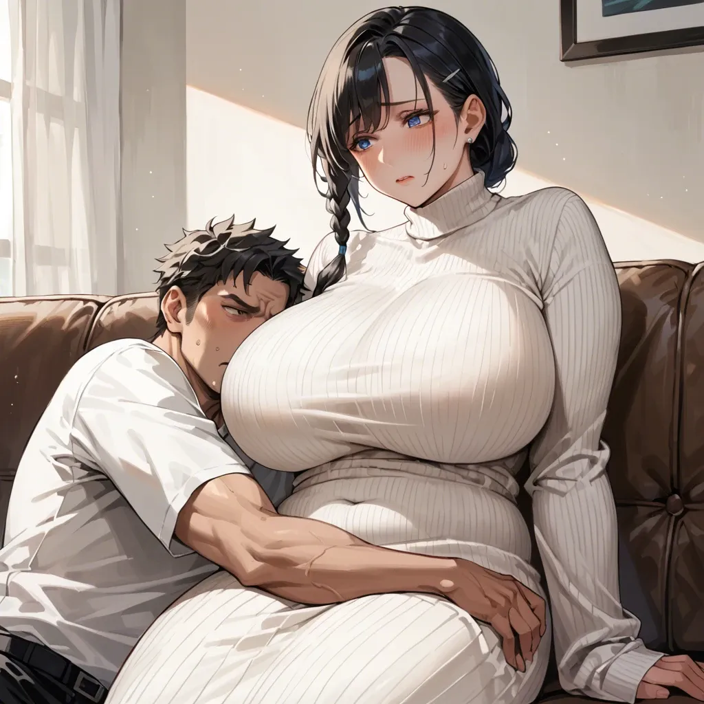 Japanese Milf, side braid, black hair, blue eyes, massive breasts, plump, white sweater, white long dress, sitting on sofa, shy, uncomfortable, looking other side