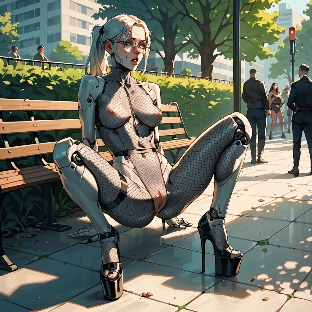 2girl, , , , cheekbones,hand in ass,perky breast,skinny abdomen,robot joints, undress,tight fishnets,round glasses,mesh bodysuit,platform heels, bare midriff, public park, cyberpunk, android, floating dildo, a realistic, brightly, asuka