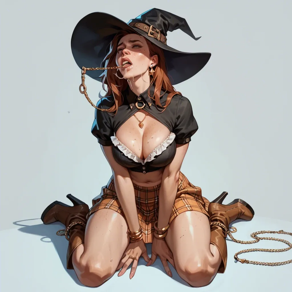 1girl,solo, , , , freckles,thigh,cleavage cutout,very large hips,throat grab, shirt in mouth,golden necklace,witch hat,bikini pull,platform heels, plaid skirt,anklets,strings,frilled bra,brown boots, dressed,white pantyhose,white gloves,undersized bra,black sneakers, , caulfield, cyberpunk, lying in bed, tifa lockhart, ayanami rei