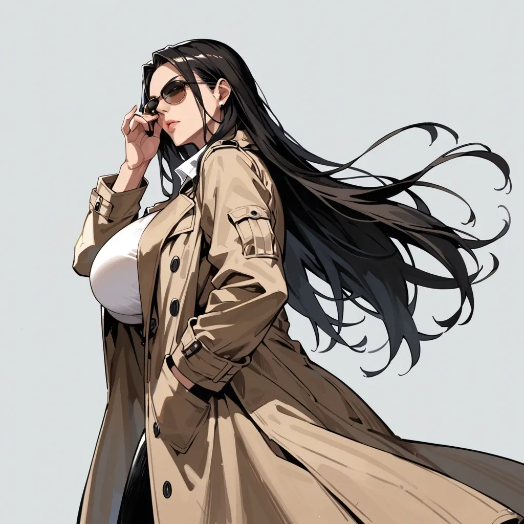 solo,side view,looking back,low angle,portrait,looking at viewer,sunglasses,adjusting eyewear,curvy,trench coat,huge breasts,black long hair,simple background,