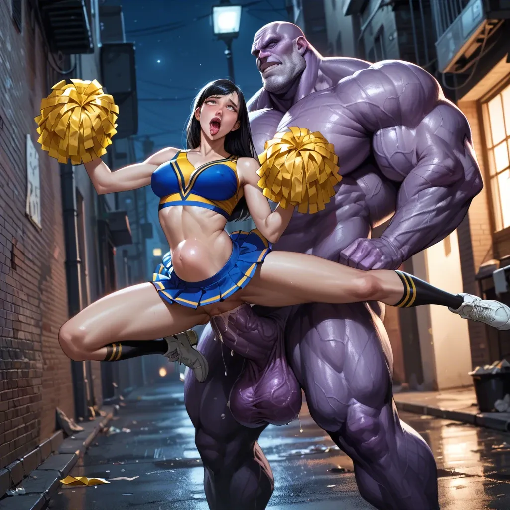 Detailed, comics,Slim violet parr, night, alley, cheerleader outfit, massive thanos, ahegao, huge hyper penis, stomach bulge