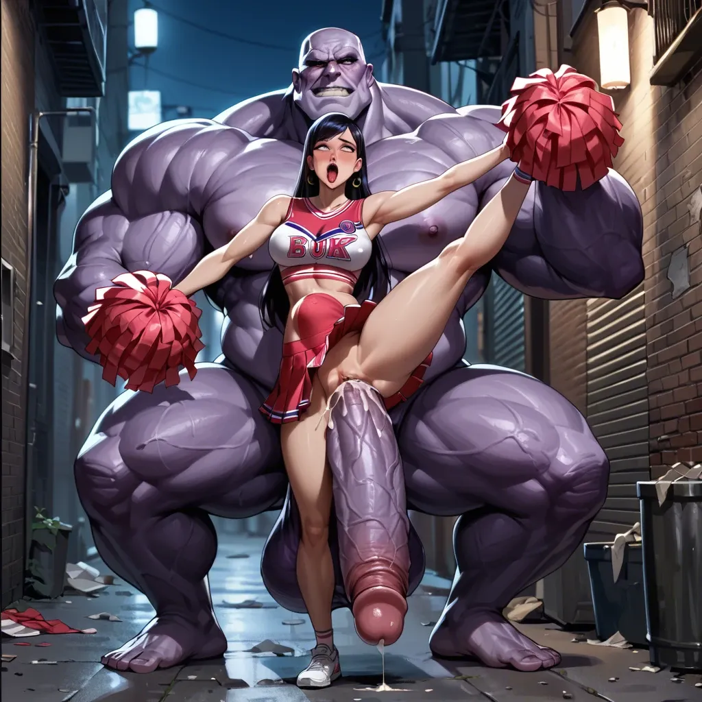 Slim violet parr, night, alley, cheerleader outfit, massive thanos, ahegao, huge hyper penis, stomach bulge