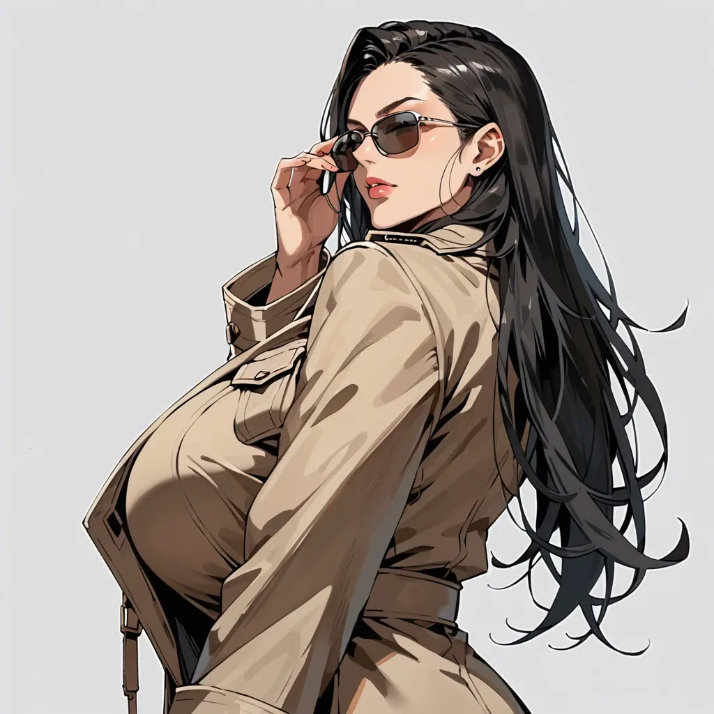 solo,side view,face focus,looking back,low angle,portrait,looking at viewer,sunglasses,adjusting eyewear,curvy,trench coat,huge breasts,black long hair,simple background,