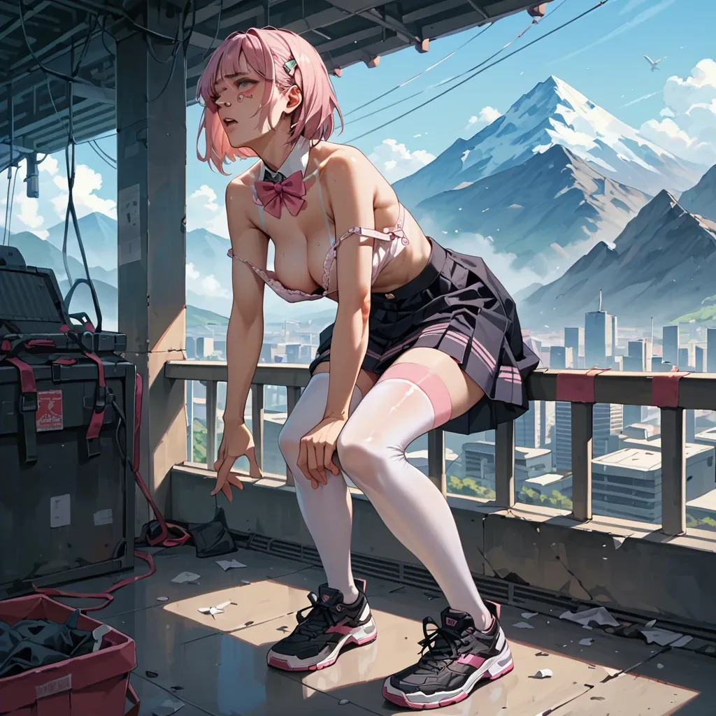 1girl,solo, , , , nose ring,white legwear,large boob slip,grabbing hips,on her knees, skirt lift,pink stockings,bowtie,loose bra,black sneakers, embarrassed, mountain, cyberpunk, anime, backlit, princess peach, spider-gwen