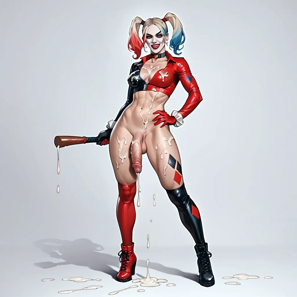 Harley Quinn modern costume, zatanna full costume, futanari, big cocks, cum covered, stroking cocks, full body shot