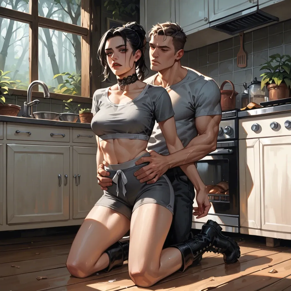 1girl,1boy, , , , eye catchlights,tied hands,big perky boobs,hands on waist,girl kneeling, gray t-shirt,lace choker,lace choker,gray sports bra,gothic boots, kitchen, fantasy forest, cyberpunk, bunk beds, detailed, perfect shadows, zelda