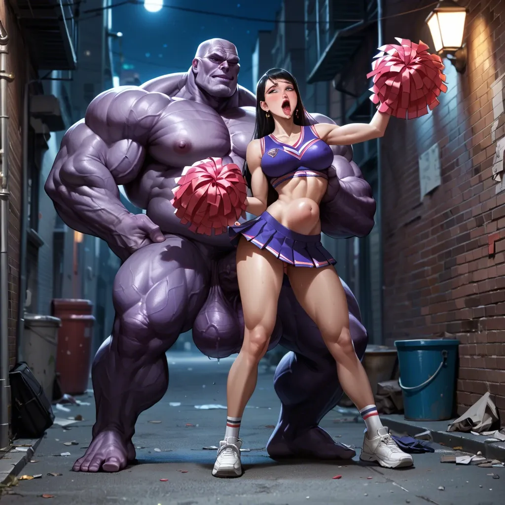 Really detailed, comics,Slim violet parr, night, alley, cheerleader outfit, massive thanos, ahegao, huge hyper penis, stomach bulge