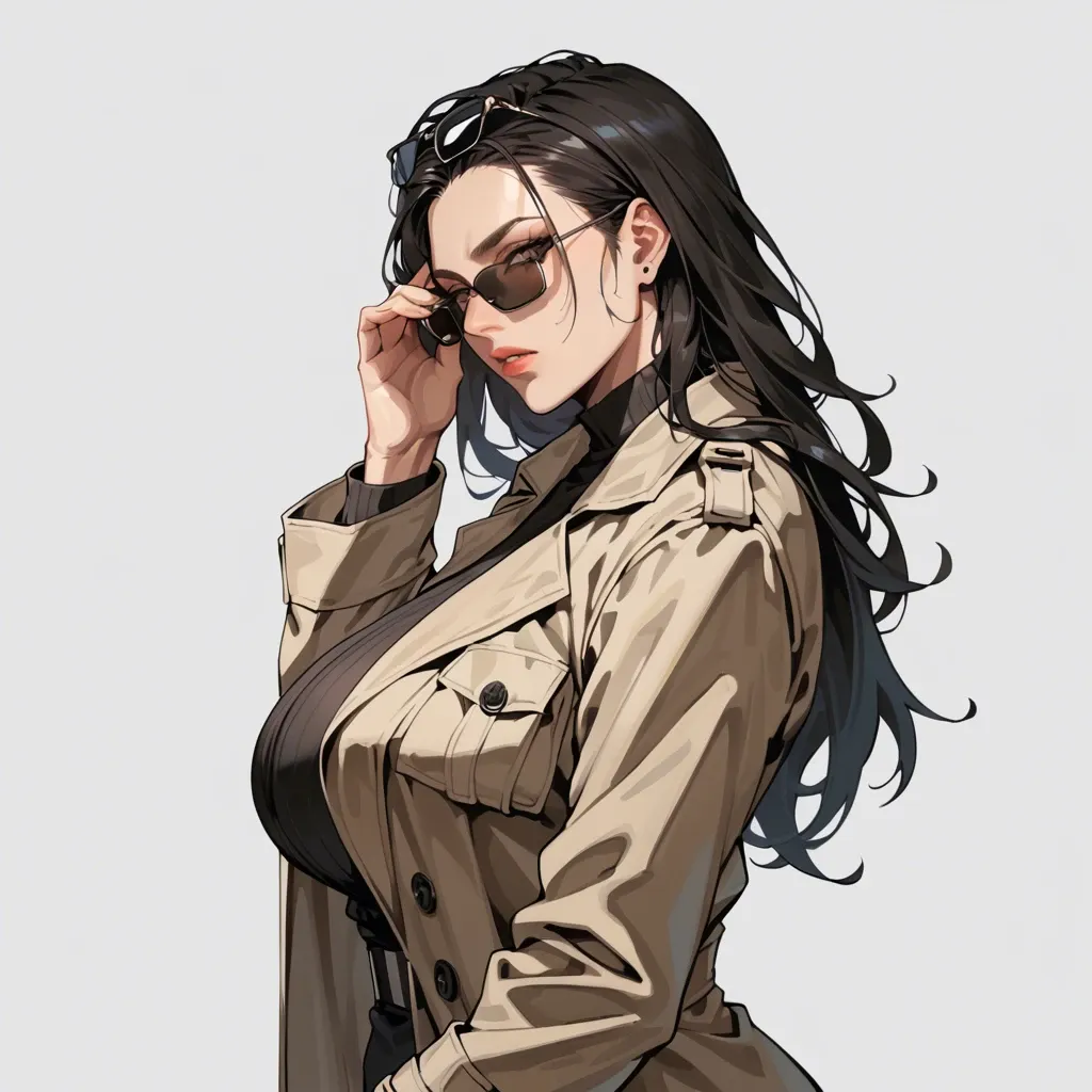 solo,side view,looking back,portrait,looking at viewer,sunglasses,adjusting eyewear,curvy,trench coat,huge breasts,black long hair,simple background,