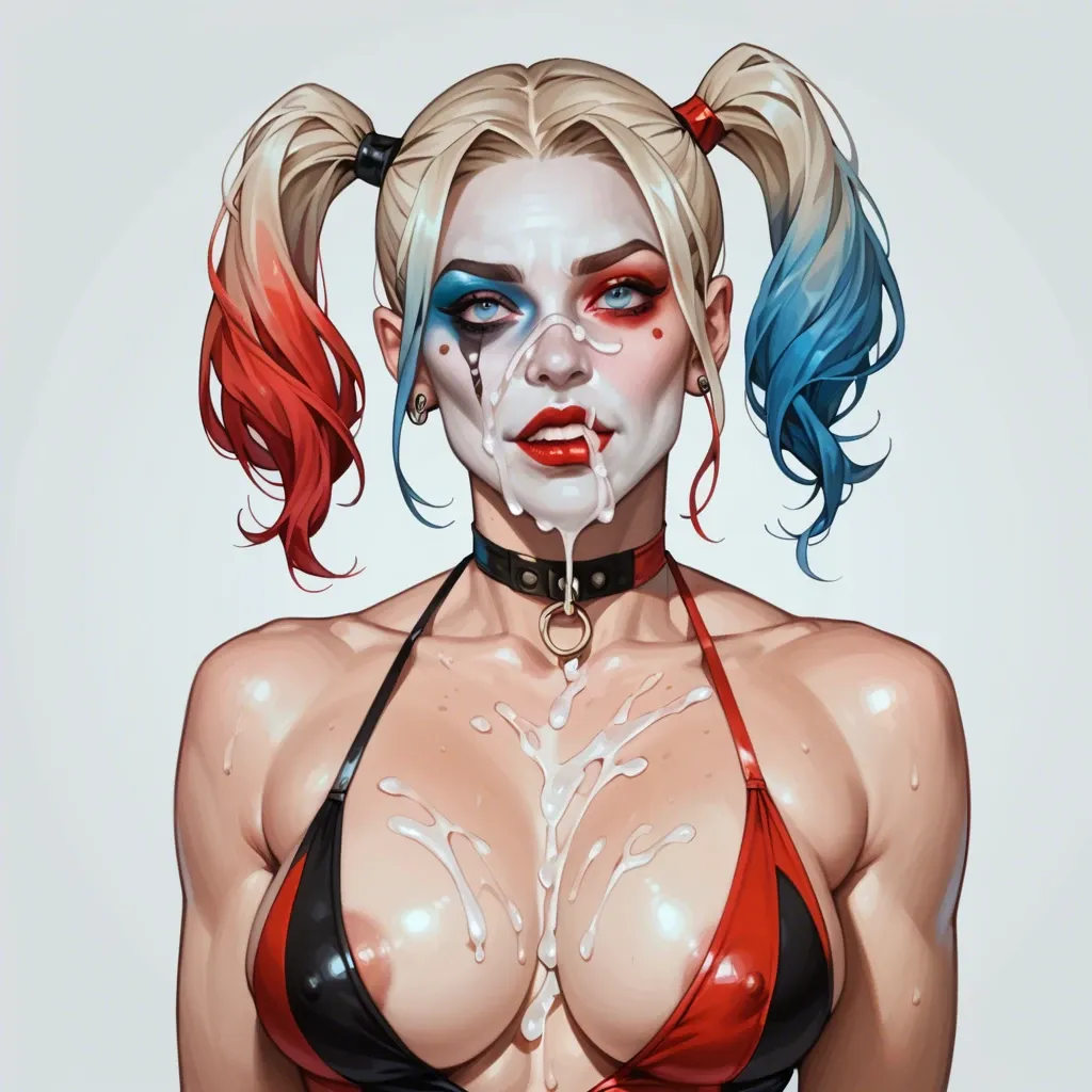 Harley Quinn modern costume, zatanna full costume, futanari, big cocks, cum covered, stroking cocks, face visible