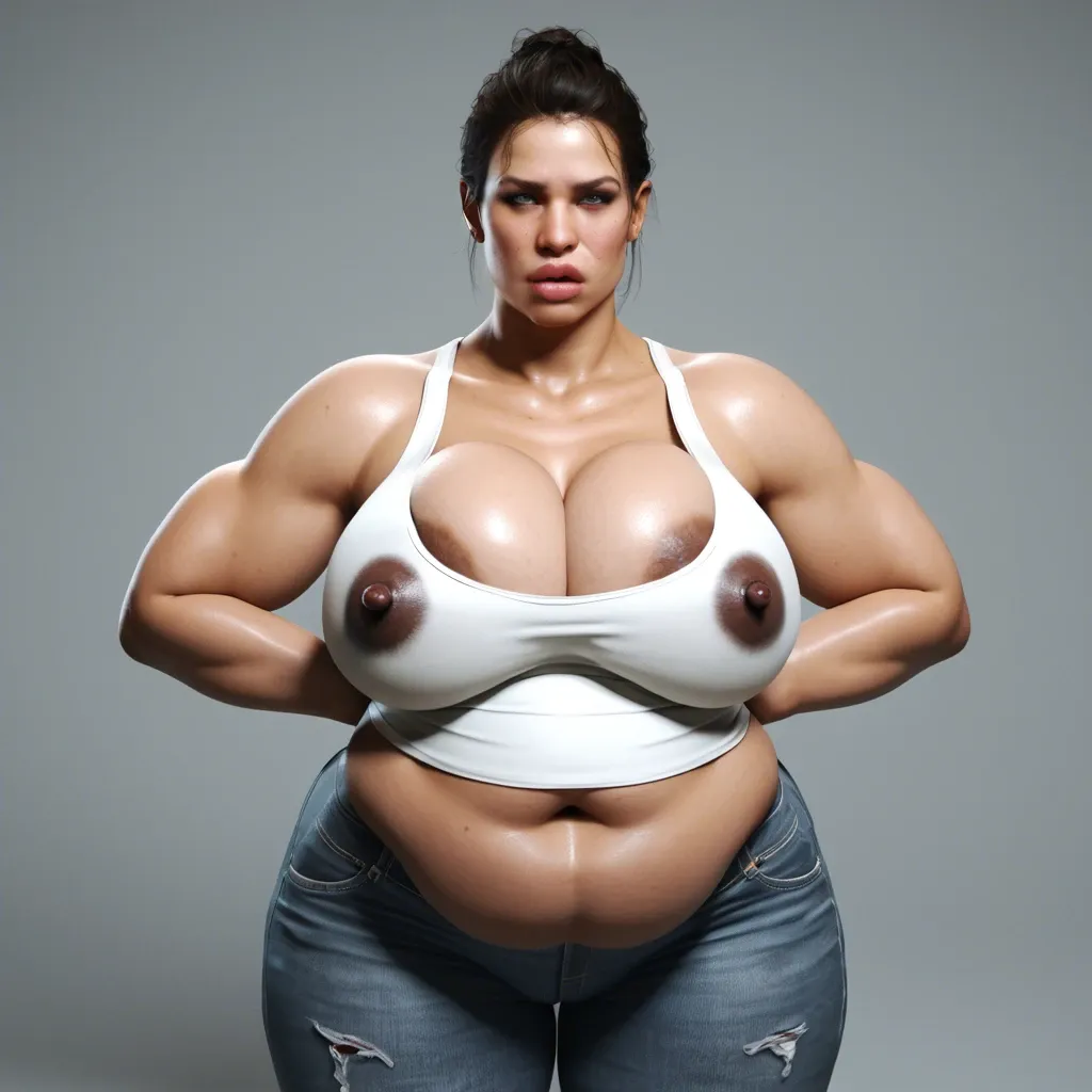 3d, solo female, alyx vance half-life 2, hyper lips, gigantic lips, cleavage, white tank top, skinny jeans, dark nipples, obese, fat rolls, fat stomach