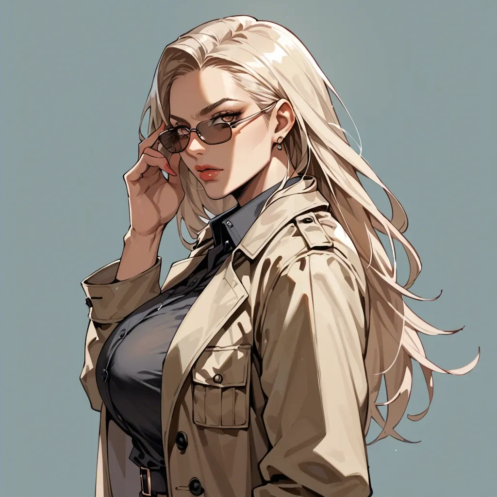 solo,side view,looking back,portrait,looking at viewer,sunglasses,adjusting eyewear,curvy,trench coat,huge breasts,black long hair,simple background,