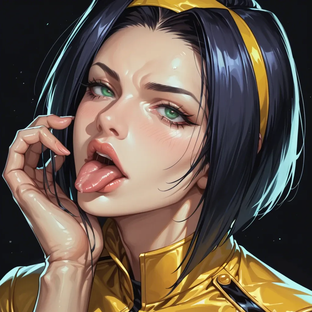 1 girl, faye valentine, face close up, tongue, navy hairgreen eyes, puckering motion, seductive face, brilliant eyes, tight clothes, detailed face, black background, do not show hands, High definition