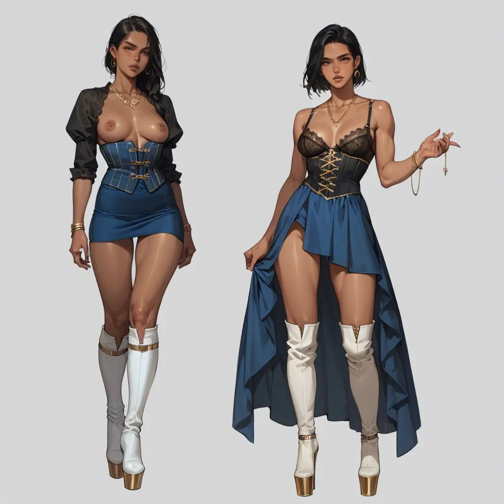 2girl, , , , nose,thigh high,one nipple out,low waisted,dark grey skin, black shirt,knee socks,gold jewelry,lace bra,white boots, blue dress,gold anklets,golden necklace,corset,platform heels, army uniform,socks,wool hat,wet bra,platform heels, shower, restrained, throne room, phone screen, digital art, bright light, spider-gwen