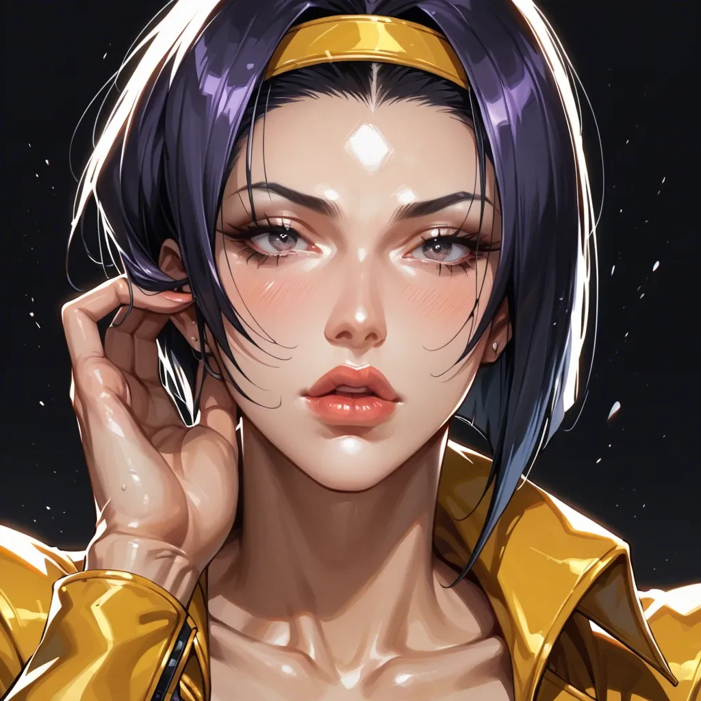 1 girl, Faye Valentine, face close up, puckering lips, puckering motion, seductive face, brilliant eyes, tight clothes, detailed face, black background, do not show hands, High definition