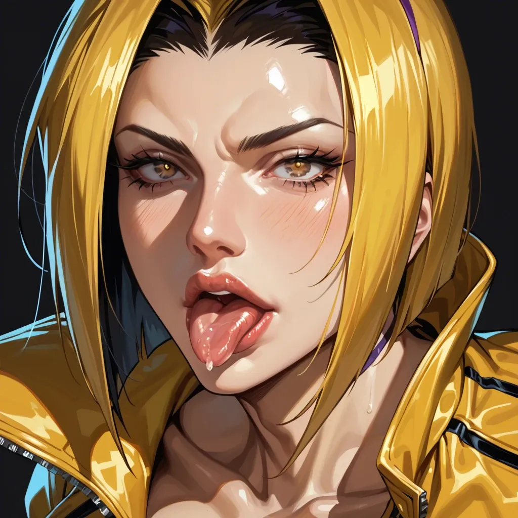 1 girl, Faye Valentine, face close up, tongue, puckering motion, seductive face, brilliant eyes, tight clothes, detailed face, black background, do not show hands, High definition