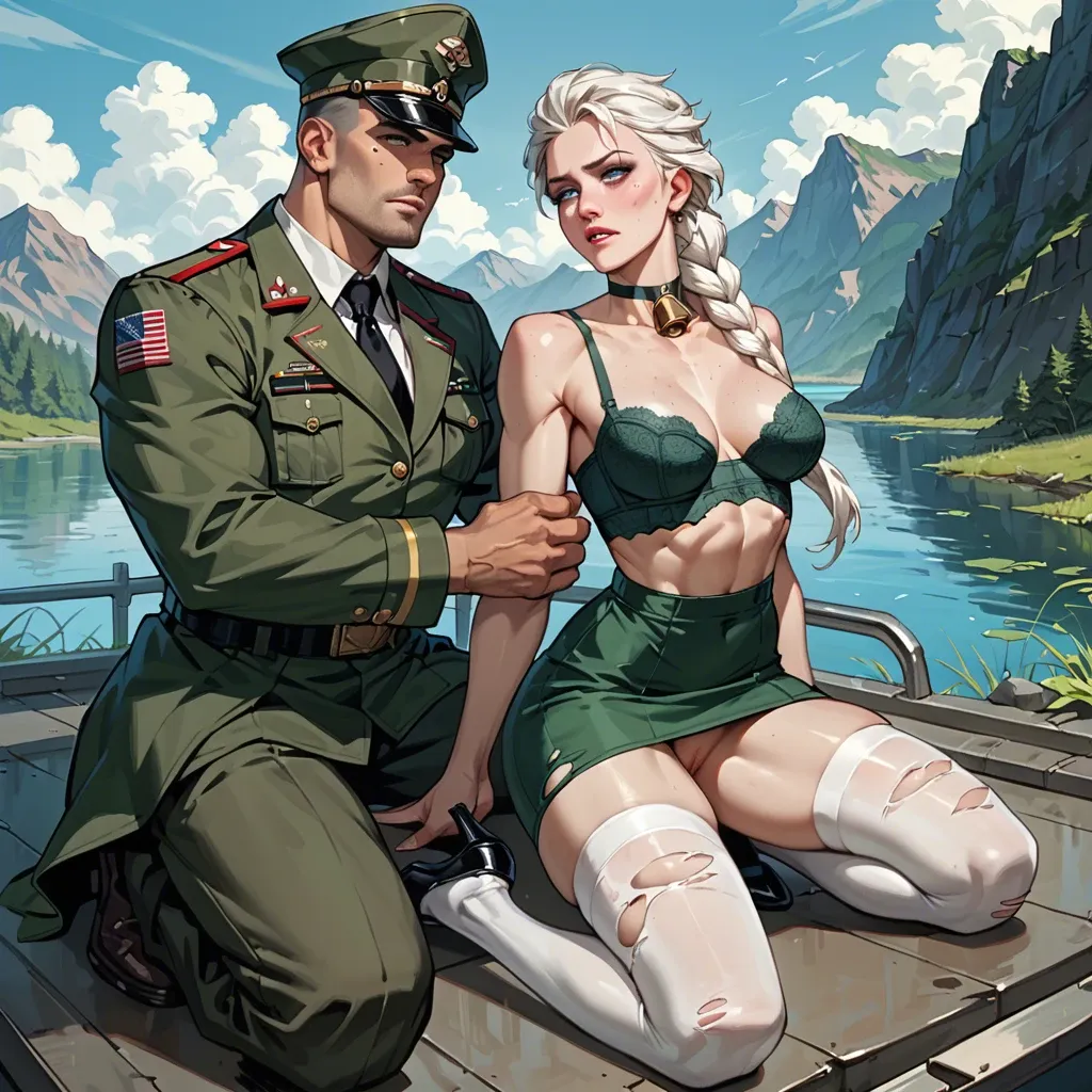 2girl, , , , heavy freckles,white legwear,perky breast,microwaist,neck bell, dark green gown,socks,military hat,open torn bra,high heels, bara, lake, cyberpunk, elsa