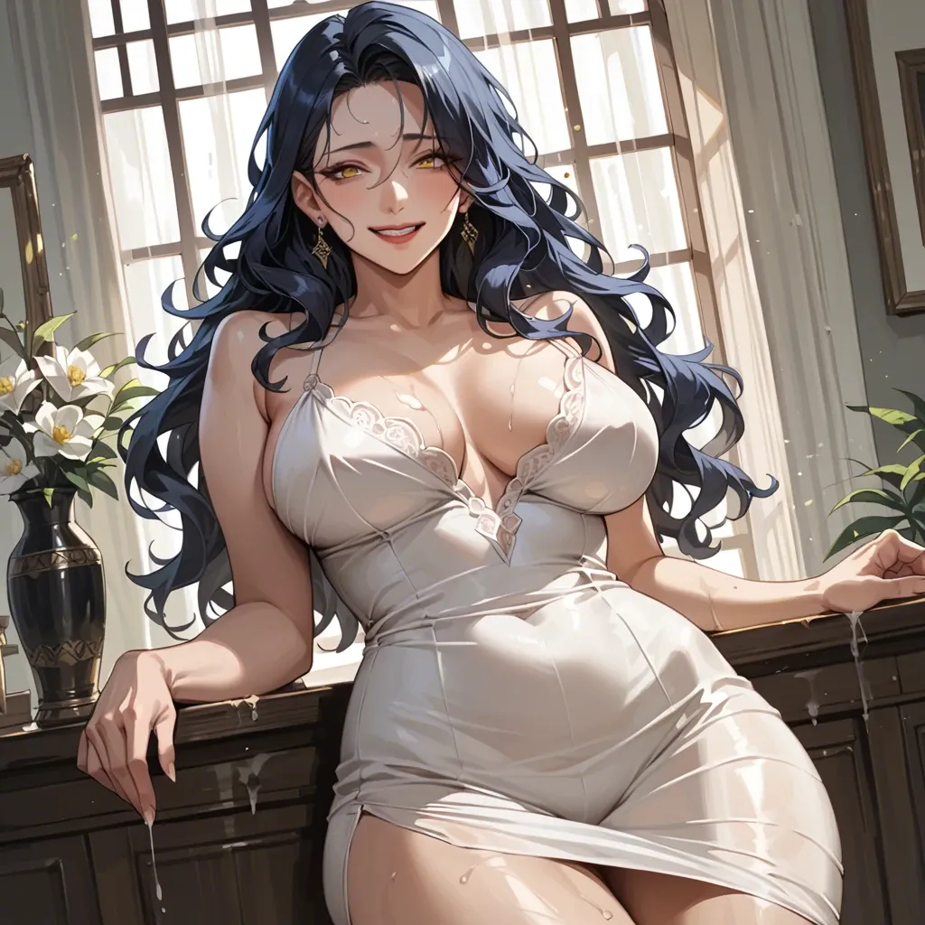 Korean milf, dark blue hair, wavy hair, yellow eyes, fair skin, large breasts, large hips, white dress, smile