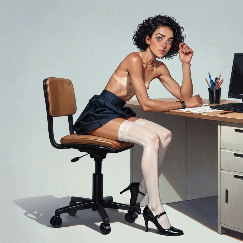 realistic style, skinny, petite, flat chest, tan line, blue eyes, wide eyed, black curly hair, blushing, freckles, nude tits, white undies, stockings, opentoe shoes, skirt, office desk, dressed fat old man, vaginal sex, vaginal cum inside, girl on man