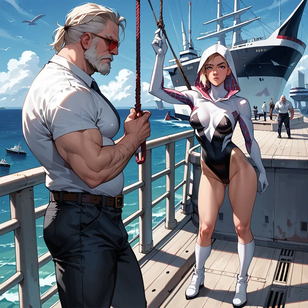 1girl,1boy, , , , mole,handsome,puffy nipple,ship,standing males, white shirt,knee-high socks,red sunglasses,leotard aside,white boots, spaceship, cartoon, brightly, spider-gwen, reinhardt