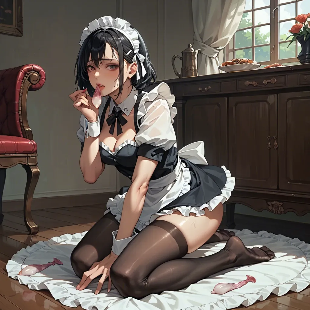 young maid girl, maid costume, miniskirt, no shoes, black stockings on her feet,one used condom in her mouth, kneeling