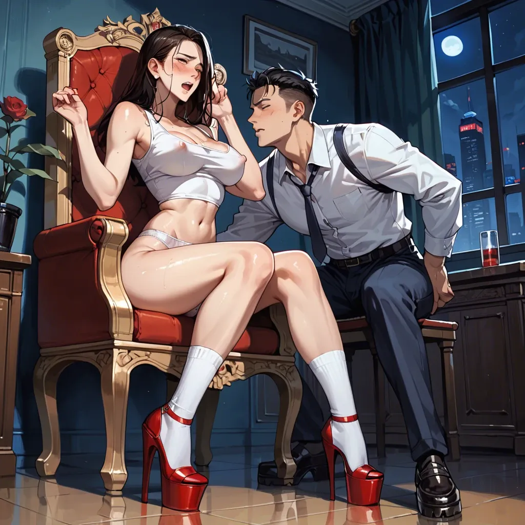 1girl,1boy, , , , raised eyebrow,love handles,whore cleavage,wide hips,very pale skin, twitching,4 fingers,big breasts,hips grab,kissing neck, police uniform,palace,black hat,black lace bra,platform heels, costume,white lace,round glasses,floral bikini,sneakers, kitchen, spaceship, photorealistic, golden hour, samus, sweetie belle, hatsune miku