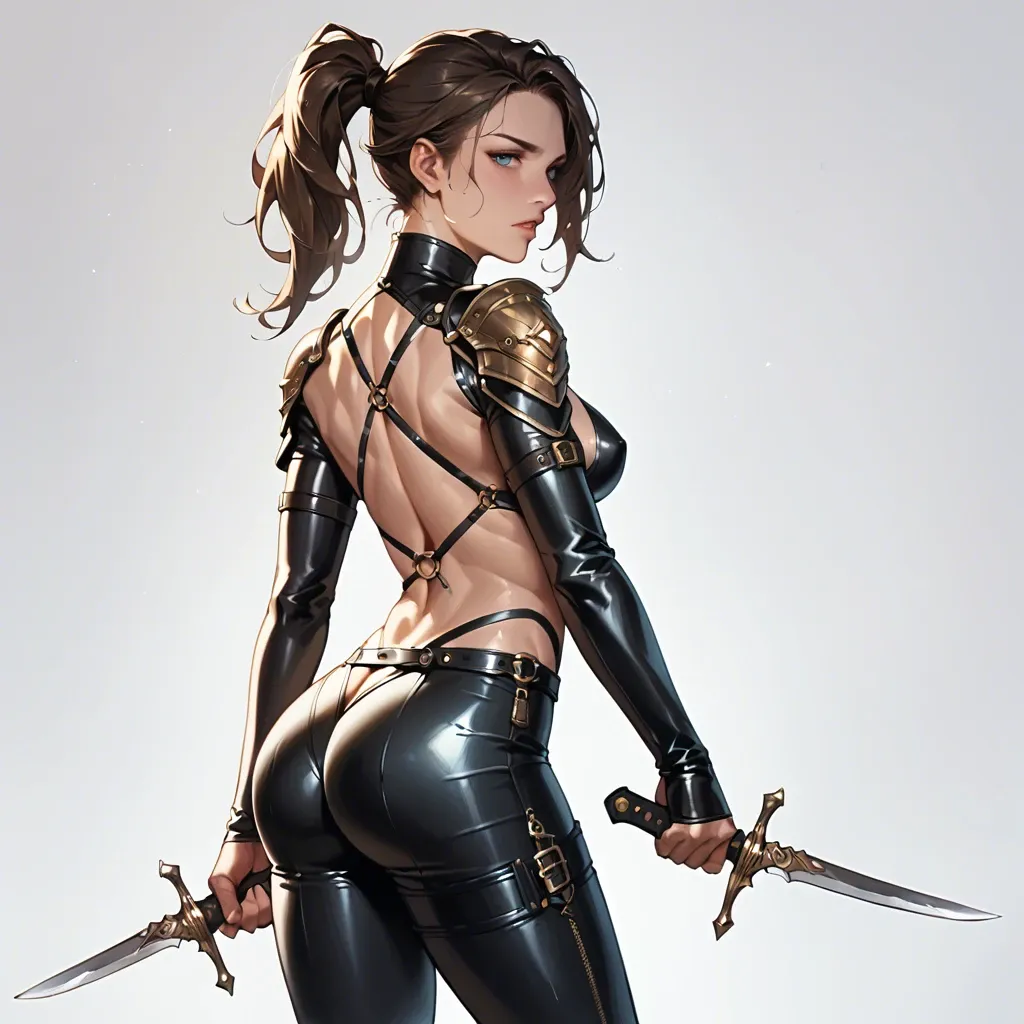 1girl, solo, dark chocolate brown hair, ponytail, blue eyes, a meager amount of leather armor, black leather leggings, lots of bare skin, bare back, sexy fit ass, dagger