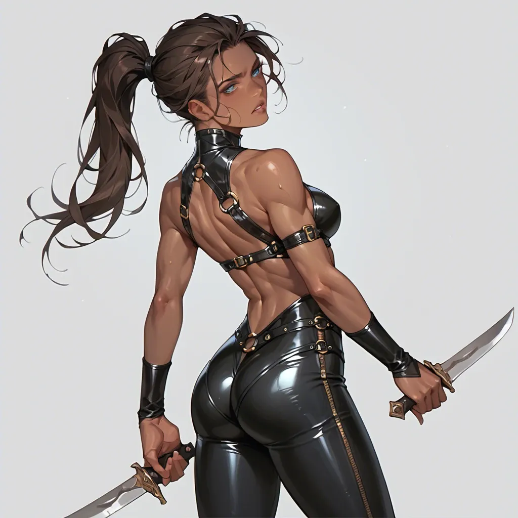 1girl, solo, dark chocolate brown hair, ponytail, a bit dark skin, blue eyes, a meager amount of leather armor, black leather leggings, lots of bare skin, bare back, sexy fit ass, dagger,