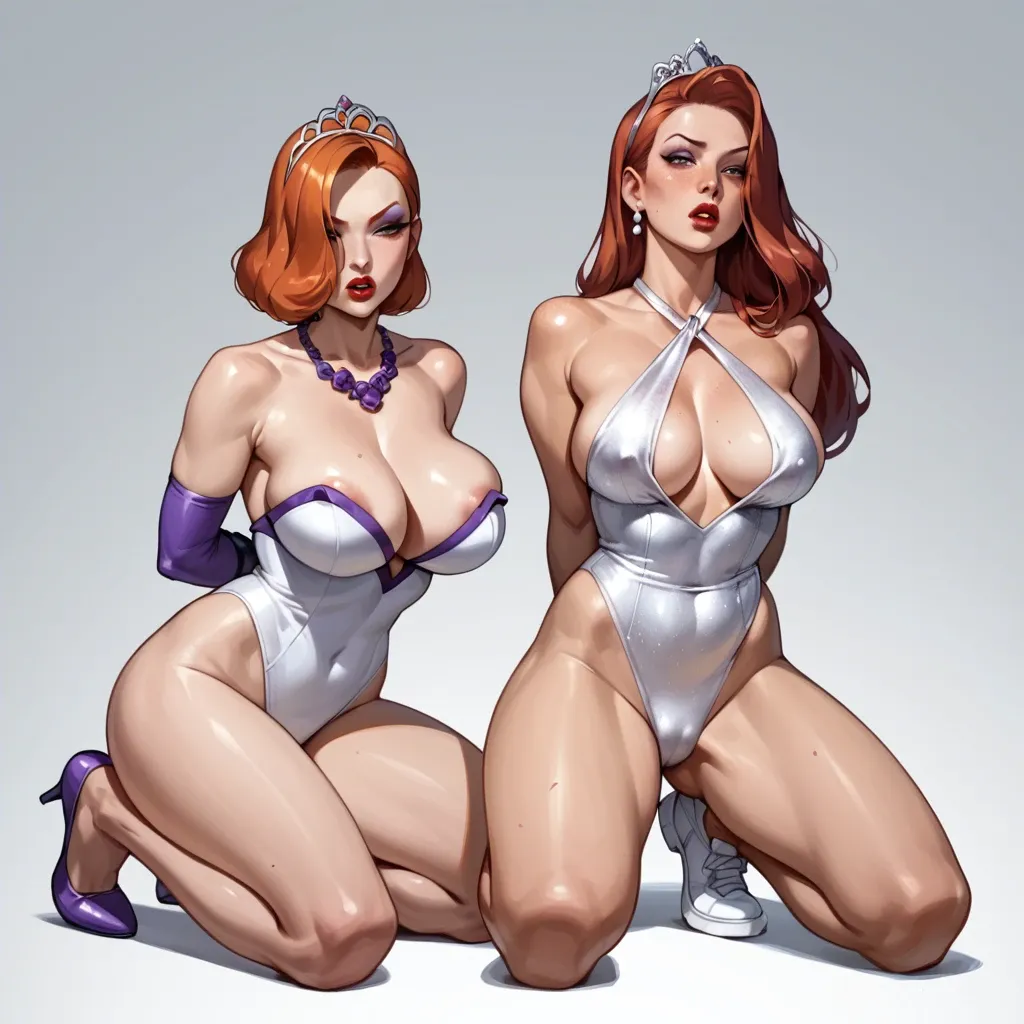 2girl, , , , dark eyes,bound arms,deep cleavage,big boobs,knee-high, light freckles,arms spread,wide areola,jessica rabbit,bare shoulders, crossdressing,purple necklace,silver tiara,white swimsuit,running shoes, medieval dress,palace bedroom,garrison cap,black bodysuit,stiletto heels, club setting, , throne room, mario, diane simmons,