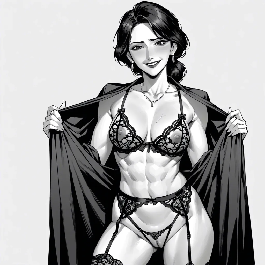 big hero, aunt cass, manga style, black and white, evil smile, open terry robe  ,highleg  thong , cupless bra, garter belt