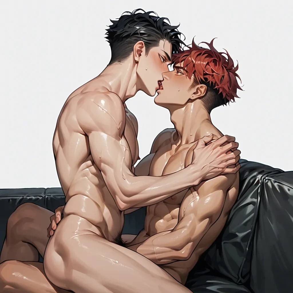 Gay's. Anime guy with red hair and black eyes sits on the lap of a high guy with black hair and yellow eyes. They kiss and hug.