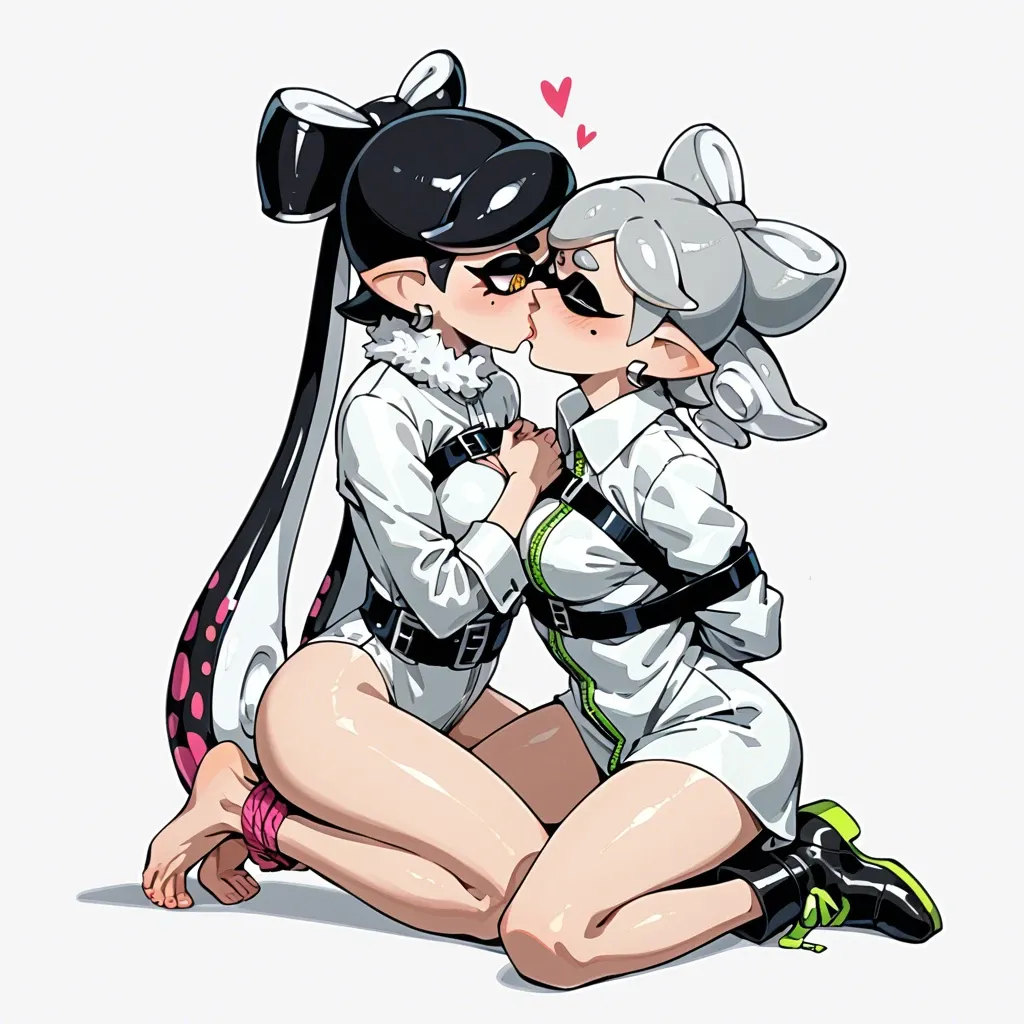 Nsfw, splatoon,  lesbian,  2 girls, Callie,  Marie, 1 girl in straitjacket with fur trim and fur collar, femdom, kissing, arms tied under chest, full body view