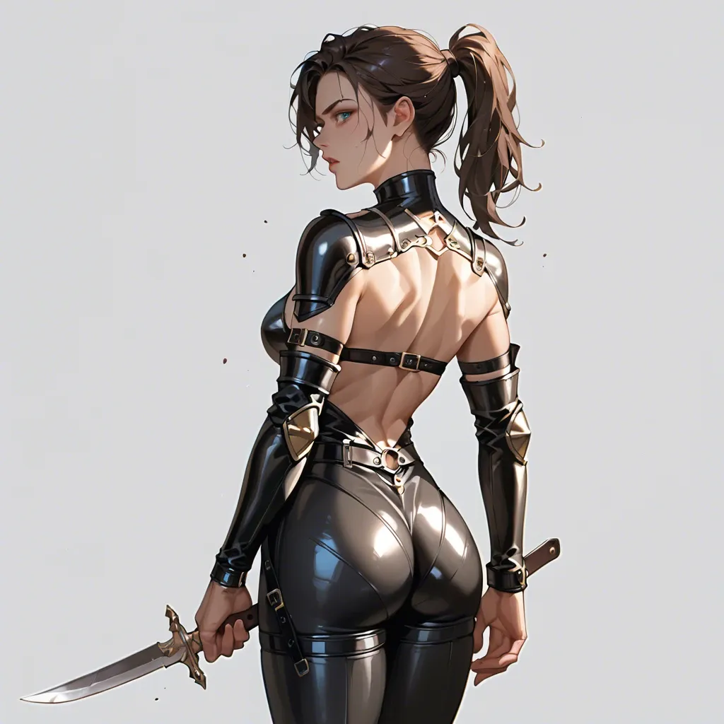 1girl, solo, dark chocolate brown hair, ponytail, light dark skin, blue eyes, a meager amount of leather armor, black leather leggings, lots of bare skin, bare back, sexy fit ass, dagger