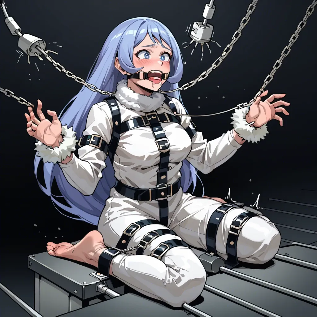 Nsfw, my hero academia,  nejire hado, straitjacket, fur trim, full body view, gag, gagged, drooling, dark room, prison cell, fur collar, tickling, tickling machine, fur cuffs, feet tickling, sex machine, legs wrapped in duct tape