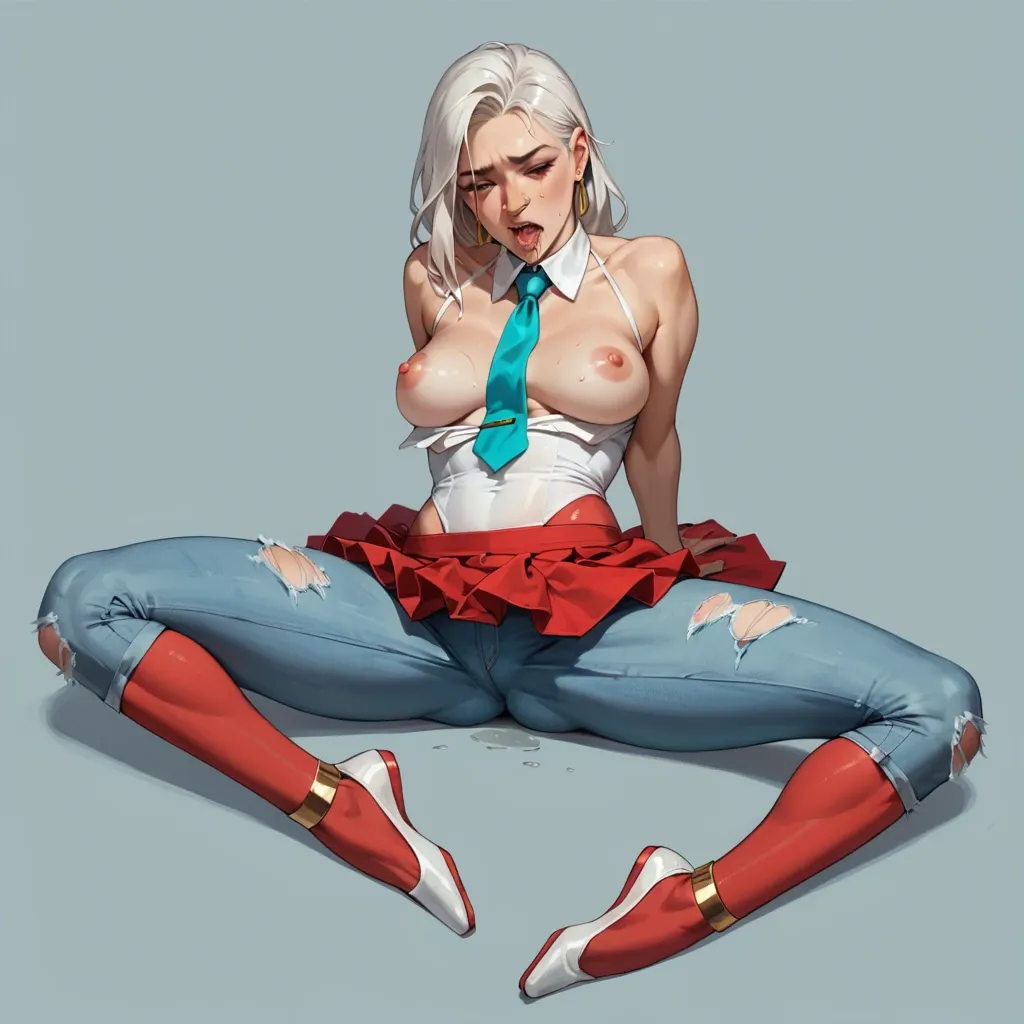 1girl,solo, , , , nose ring,bound ankles,nipples,cozy background,aqua necktie, red skirt,tight fishnets,gold jewelry,leotard aside,ballet shoes, tight jeans,red thighhighs,saliva strings,white bra,armored boots, gymnast, garden, android, wonder woman, rapunzel waifu